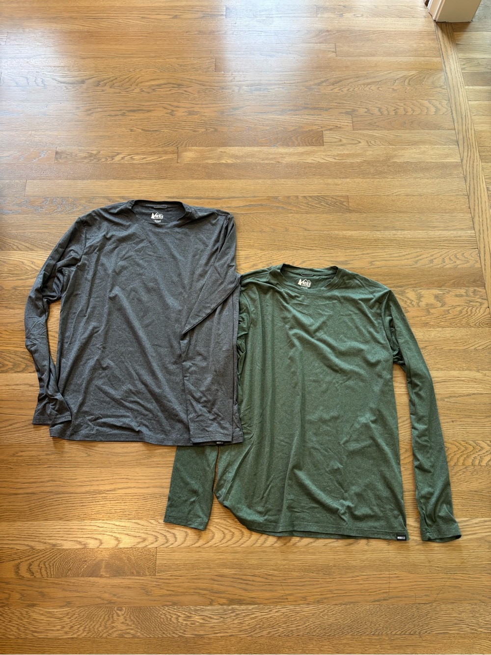 REI Men's Long-Sleeve Crew Neck Tees in Charcoal and Forest Green